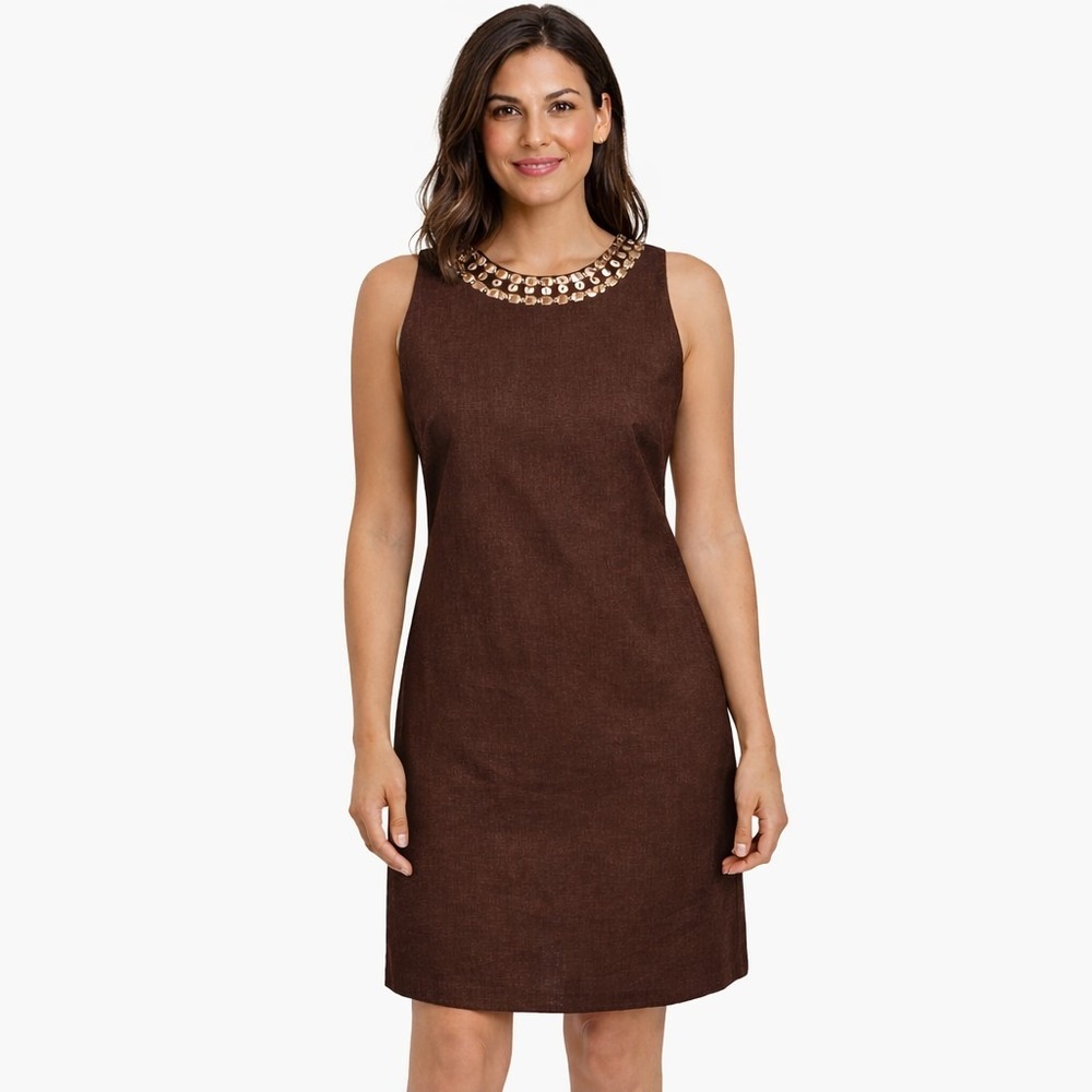 NEW DIRECTIONS Size 10 Brown Linen Blend Embellished Round Neck Sheath Dress EUC